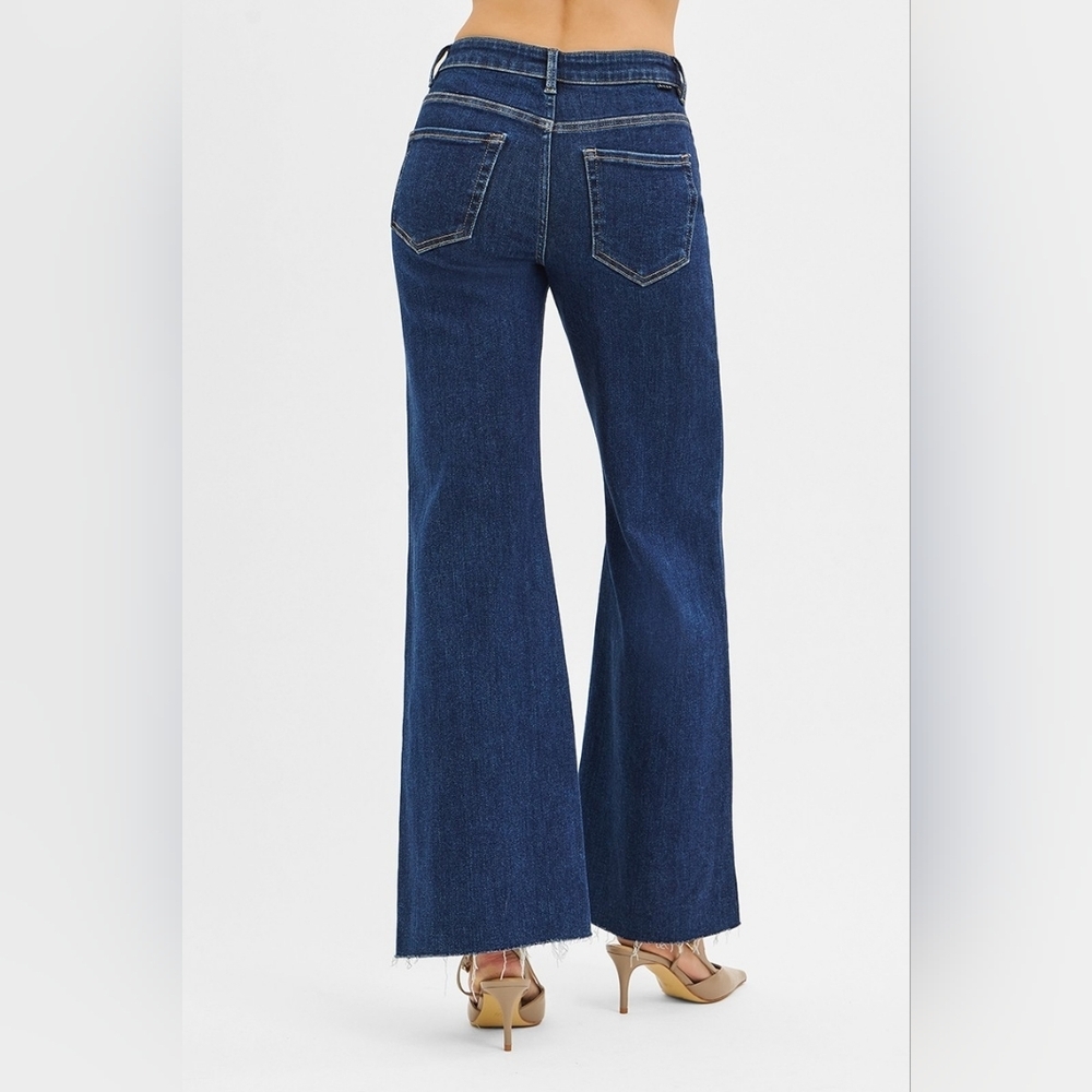 RISEN HR Dark Wide Flare Jeans Front Seam Leather Flap Patch Pocket Various NEW - Picture 10 of 13